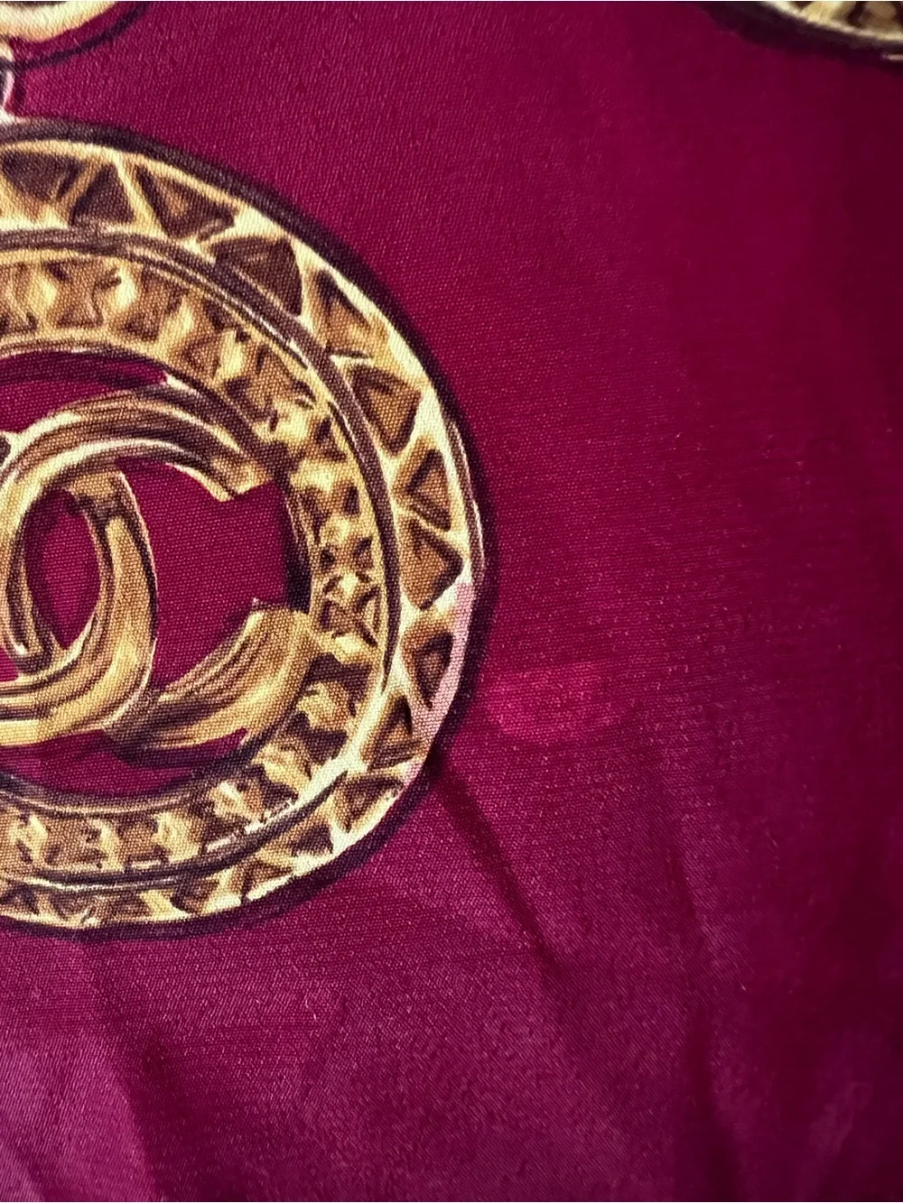 Rare Vintage Chanel Paris Silk Scarf Coin & Chain Print Burgundy Red
